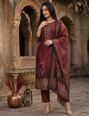 Women Woven Design Regular Kurta with Trousers & With Dupatta 1
