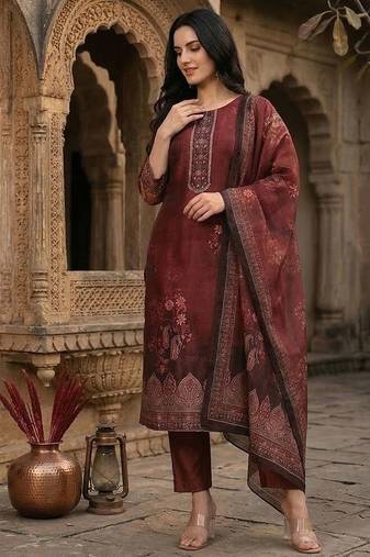 Women Woven Design Regular Kurta with Trousers & With Dupatta