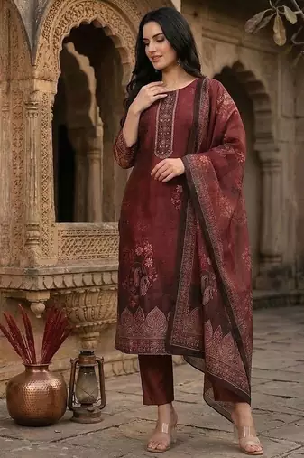 Women Woven Design Regular Kurta with Trousers & With Dupatta