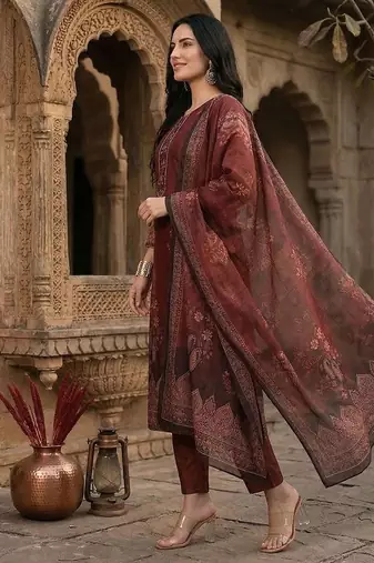 Women Woven Design Regular Kurta with Trousers & With Dupatta