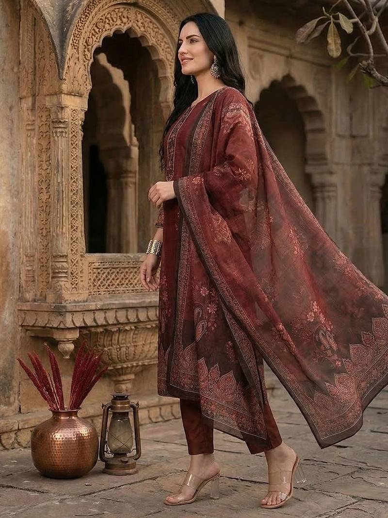 Women Woven Design Regular Kurta with Trousers & With Dupatta