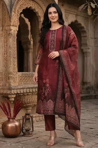 Women Woven Design Regular Kurta with Trousers & With Dupatta