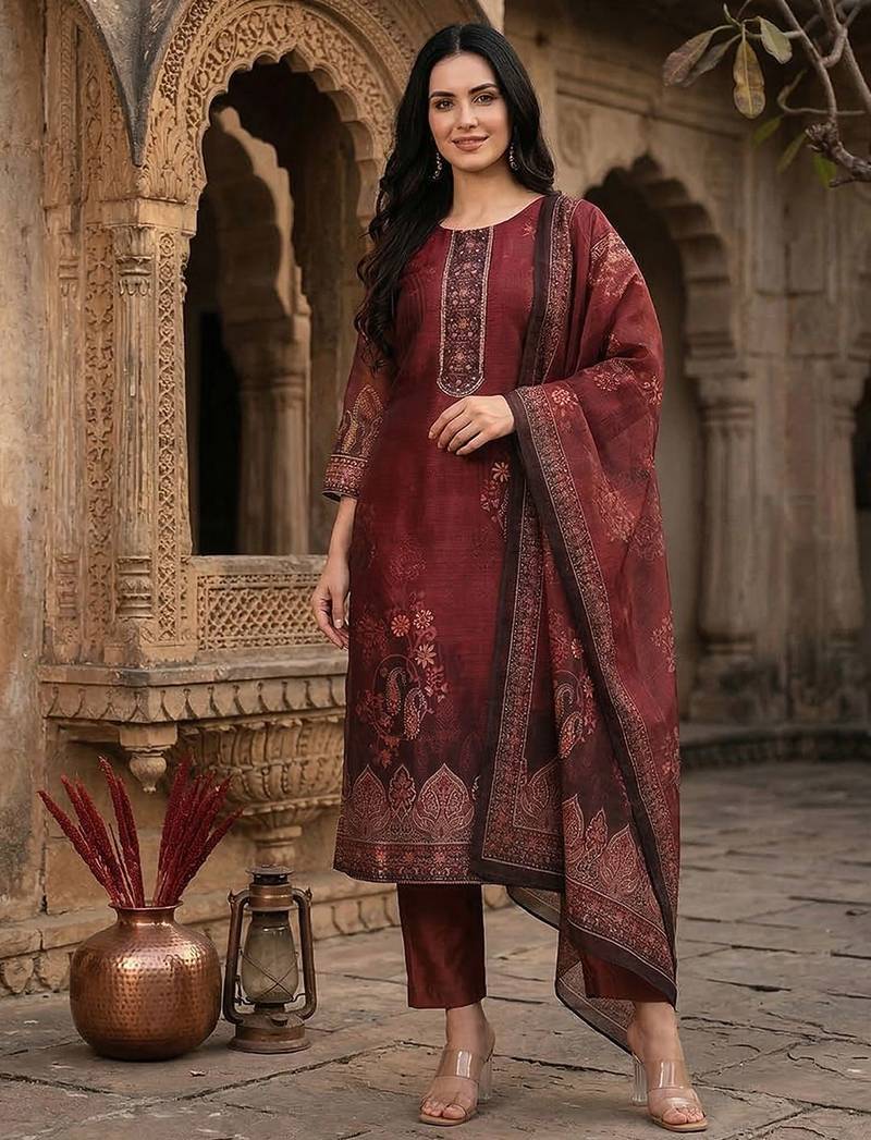 Women Woven Design Regular Kurta with Trousers & With Dupatta