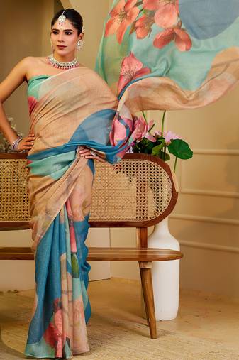 Multi color shimmer printed zari saree with unstitched blouse piece.