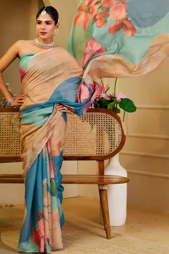 Multi color shimmer printed zari saree with unstitched blouse piece.