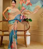 Multi color shimmer printed zari saree with unstitched blouse piece.