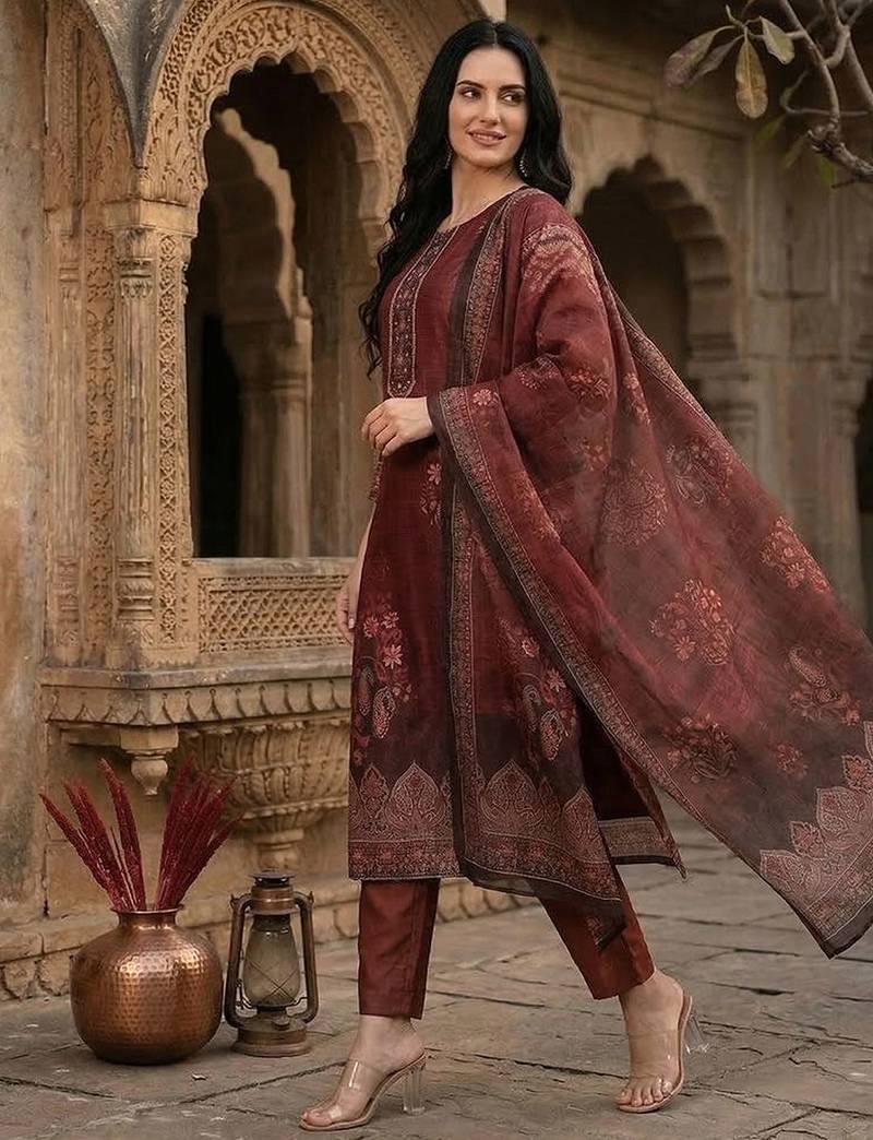 Women Woven Design Regular Kurta with Trousers & With Dupatta
