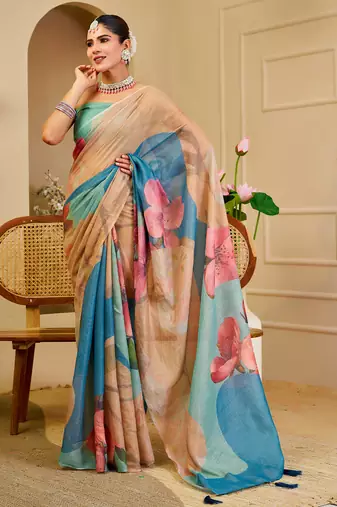 Multi color shimmer printed zari saree with unstitched blouse piece.
