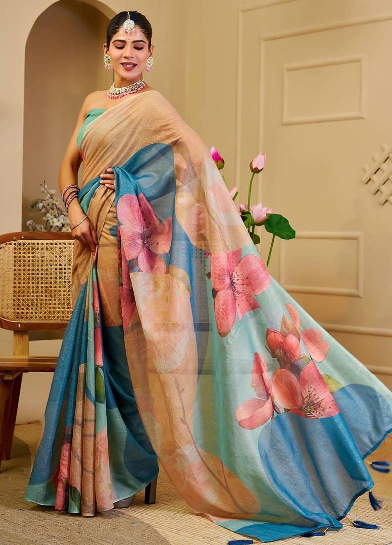 Multi color shimmer printed zari saree with unstitched blouse piece.