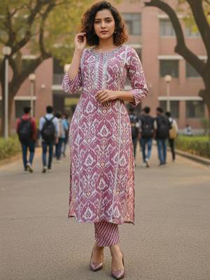 Women Floral Printed Regular  Cotton Kurta with Trousers & With Dupatta 1