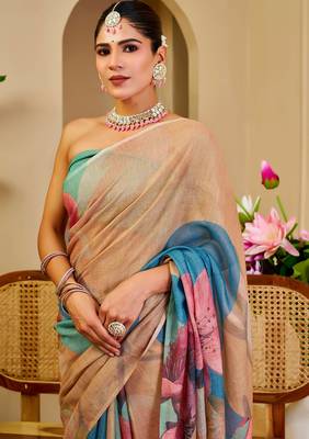 Multi color shimmer printed zari saree with unstitched blouse piece. 4