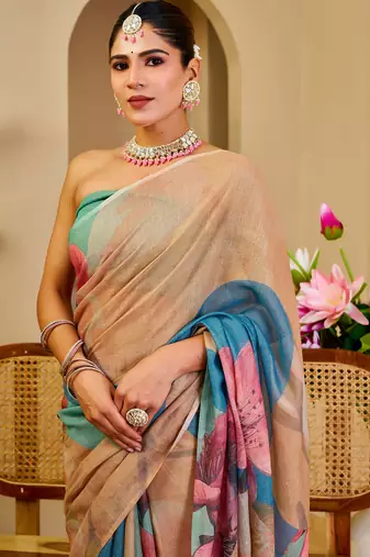 Multi color shimmer printed zari saree with unstitched blouse piece.