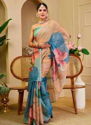 Multi color shimmer printed zari saree with unstitched blouse piece. 5
