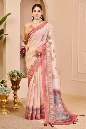 Peach shimmer printed zari saree with unstitched blouse piece.