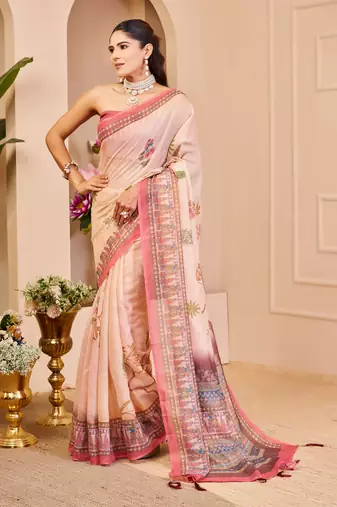 Peach shimmer printed zari saree with unstitched blouse piece.