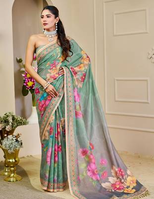 Sea green shimmer printed zari saree with unstitched blouse piece. 2