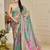Sea green shimmer printed zari saree with unstitched blouse piece.