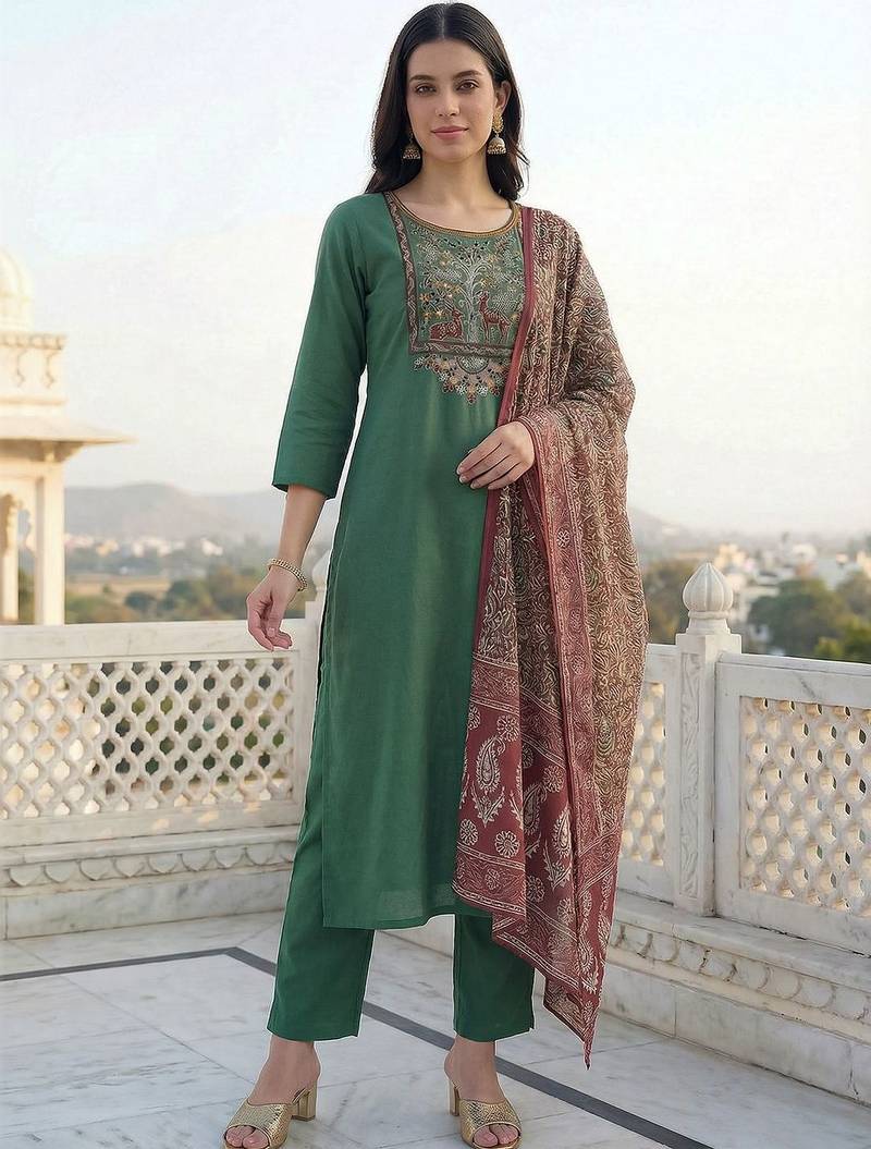 Women Ethnic Motifs Embroidered Regular Thread Work Kurta with Trousers & With Dupatta