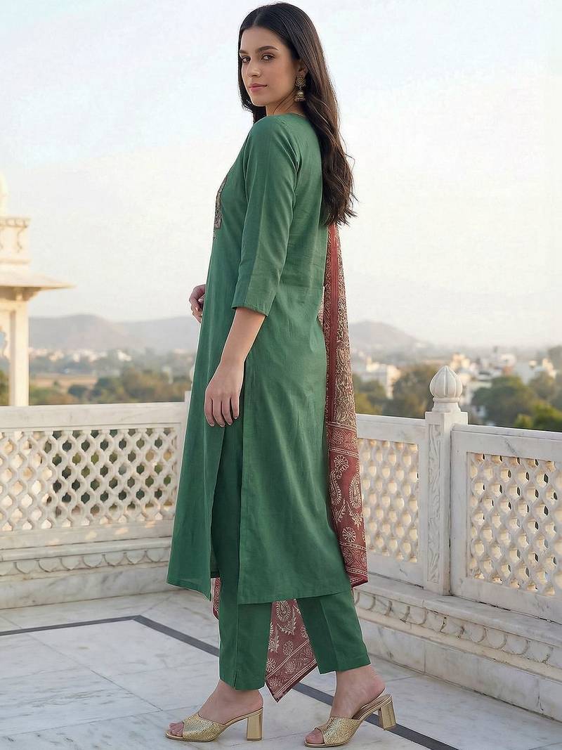 Women Ethnic Motifs Embroidered Regular Thread Work Kurta with Trousers & With Dupatta