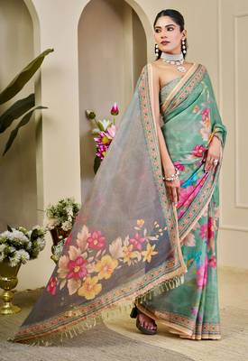 Sea green shimmer printed zari saree with unstitched blouse piece. 5