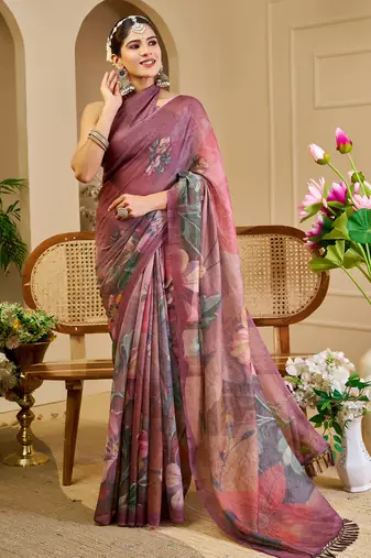 Wine shimmer printed zari saree with unstitched blouse piece.