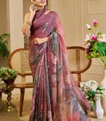 Wine shimmer printed zari saree with unstitched blouse piece.