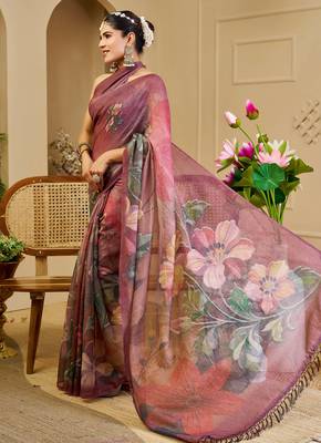 Wine shimmer printed zari saree with unstitched blouse piece. 2