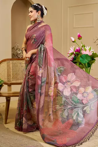Wine shimmer printed zari saree with unstitched blouse piece.