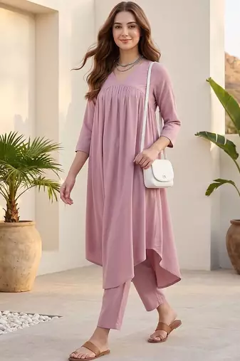 Women Regular Silk Crepe Kurta with Trousers