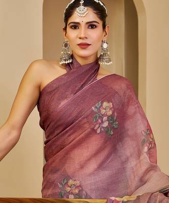 Wine shimmer printed zari saree with unstitched blouse piece. 3