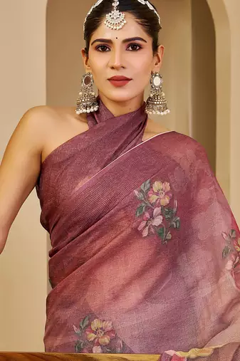 Wine shimmer printed zari saree with unstitched blouse piece.
