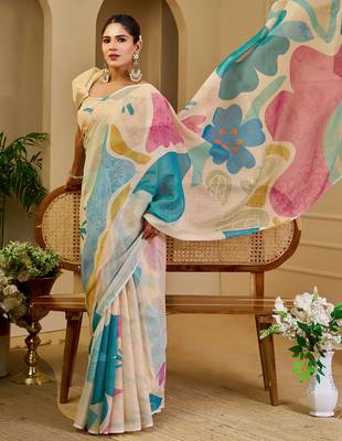 Beige shimmer printed zari saree with unstitched blouse piece. 1