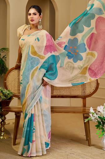 Beige shimmer printed zari saree with unstitched blouse piece.