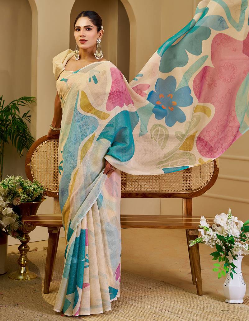 Beige shimmer printed zari saree with unstitched blouse piece.