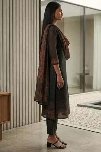 Women Geometric Printed Mandarin Collar Regular Kurta & Trousers With Dupatta