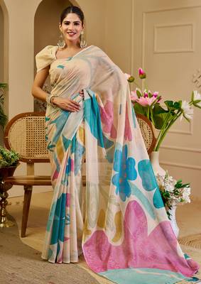 Beige shimmer printed zari saree with unstitched blouse piece. 2