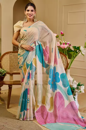 Beige shimmer printed zari saree with unstitched blouse piece.