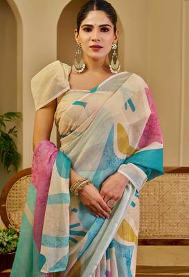 Beige shimmer printed zari saree with unstitched blouse piece. 4