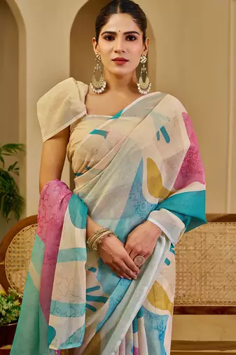 Beige shimmer printed zari saree with unstitched blouse piece.
