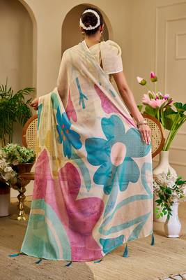 Beige shimmer printed zari saree with unstitched blouse piece. 5