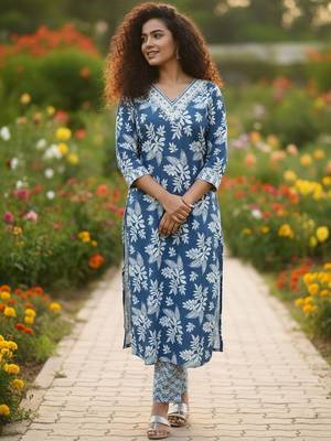 Women Floral Printed Regular  Cotton Kurta with Trousers & With Dupatta 5