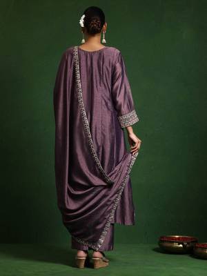 Ethnic Motifs Embroidered Round Neck A-Line Kurta With Trousers And Dupatta 5