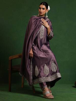 Ethnic Motifs Embroidered Round Neck A-Line Kurta With Trousers And Dupatta 6