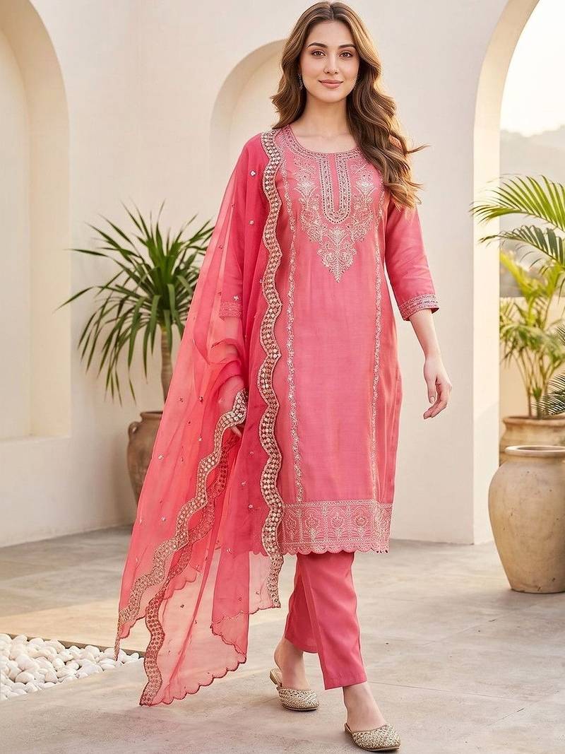 Women Ethnic Motifs Embroidered Regular Thread Work Kurta with Trousers & With Dupatta