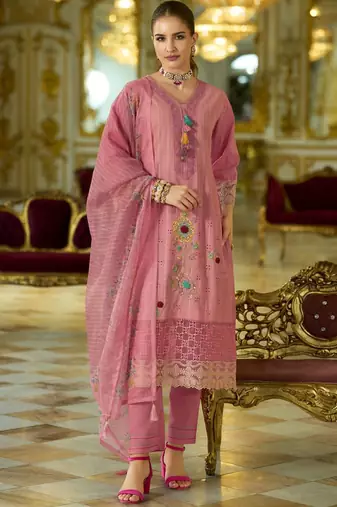Women Floral Embroidered Cotton Kurta with Trouser & Dupatta