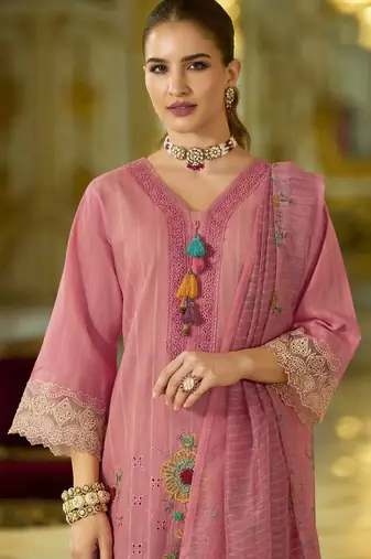 Women Floral Embroidered Cotton Kurta with Trouser & Dupatta