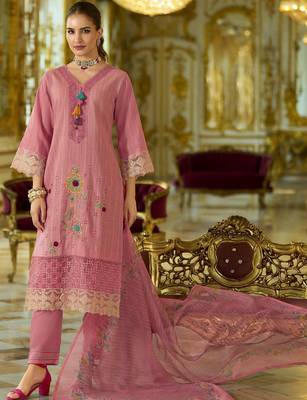 Women Floral Embroidered Cotton Kurta with Trouser & Dupatta 3