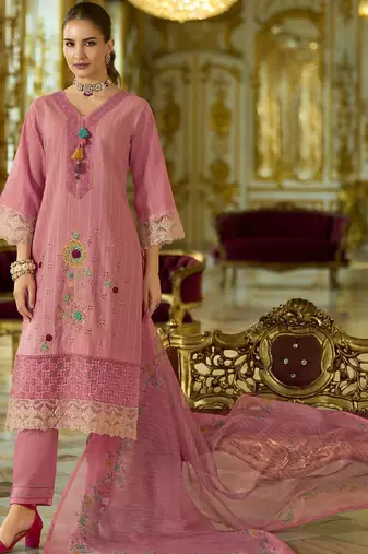 Women Floral Embroidered Cotton Kurta with Trouser & Dupatta
