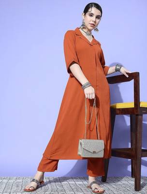 Rust Shirt Collar Elbow Sleeves A-Line Kurta with Trousers 1