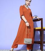 Rust Shirt Collar Elbow Sleeves A-Line Kurta with Trousers